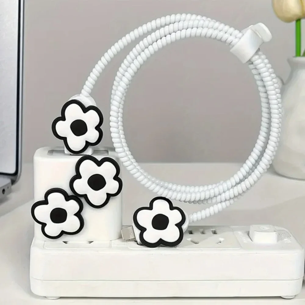 Black White Flowers iPhone Charger Cover Cable Protector P59